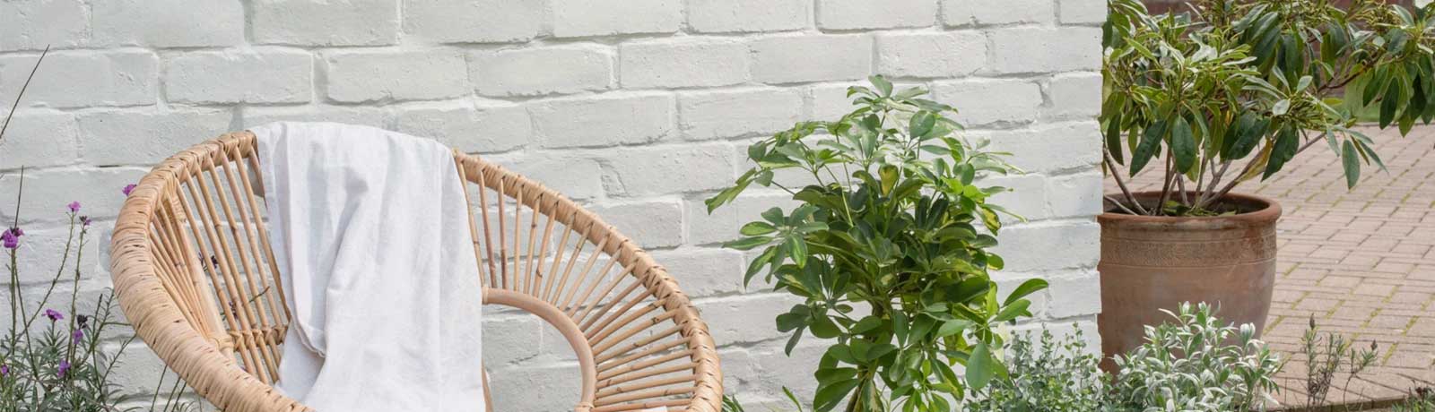 A wicker chair against a cream painted garden wall